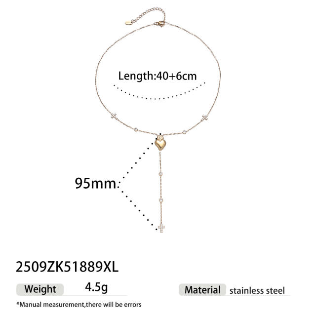 Stainless Steel Necklace Luxury Heart Zircon Tassel long Necklace