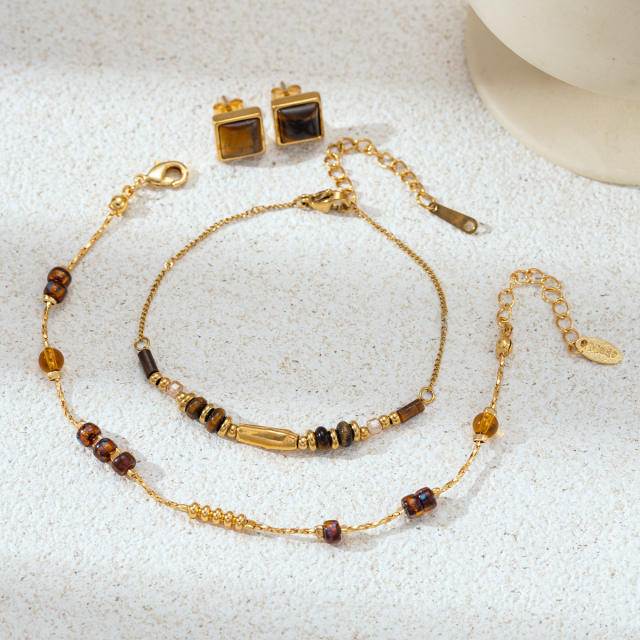 Stainless Steel necklace Earrings for Women Non-Fading Natural Gravel Inlaid Jewelry Set