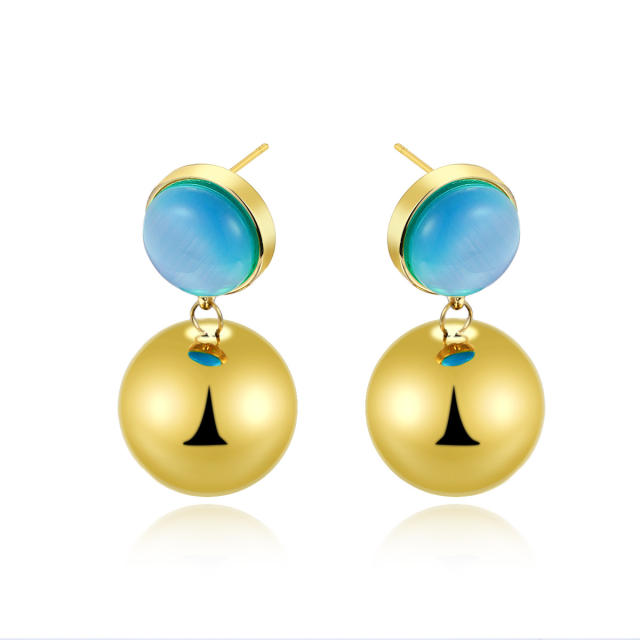 Simple colorful opal stone inlaid stainless steel earrings ball bead earrings