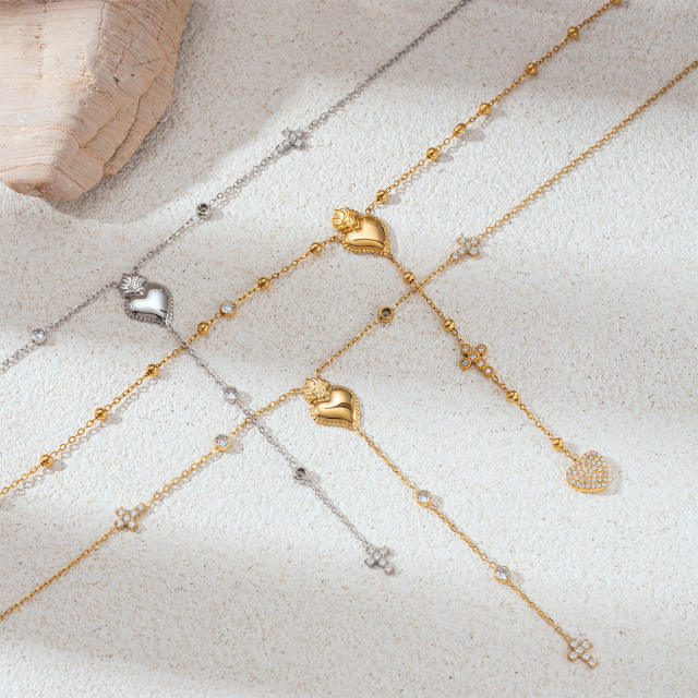 Stainless Steel Necklace Luxury Heart Zircon Tassel long Necklace