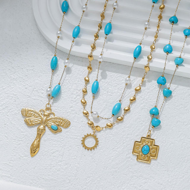 Bohemia Stainless Steel necklace Dragonfly Sun Cross Pendant Turquoise Heart-Shaped Oval Beaded Necklace