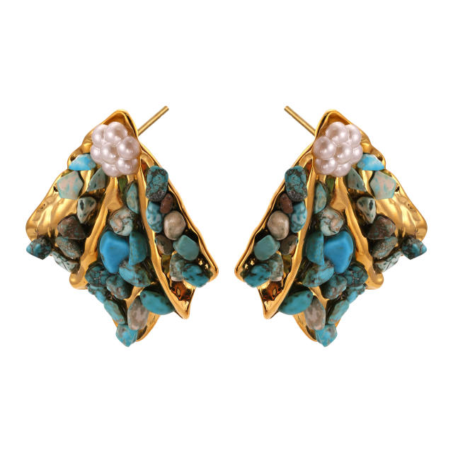Vintage natural stone pave setting fan shape stainless steel earrings
