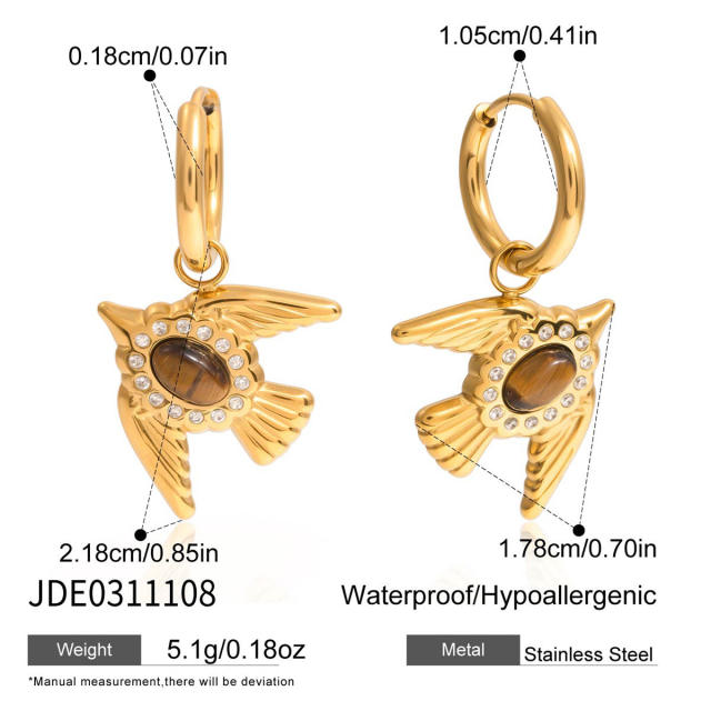 Sweet tiger eye stone inlaid bird series stainless steel necklace earrings set