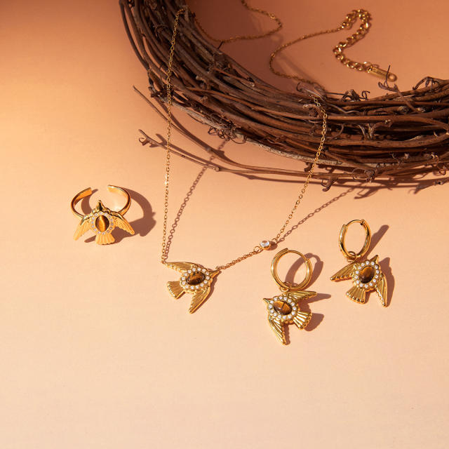 Sweet tiger eye stone inlaid bird series stainless steel necklace earrings set