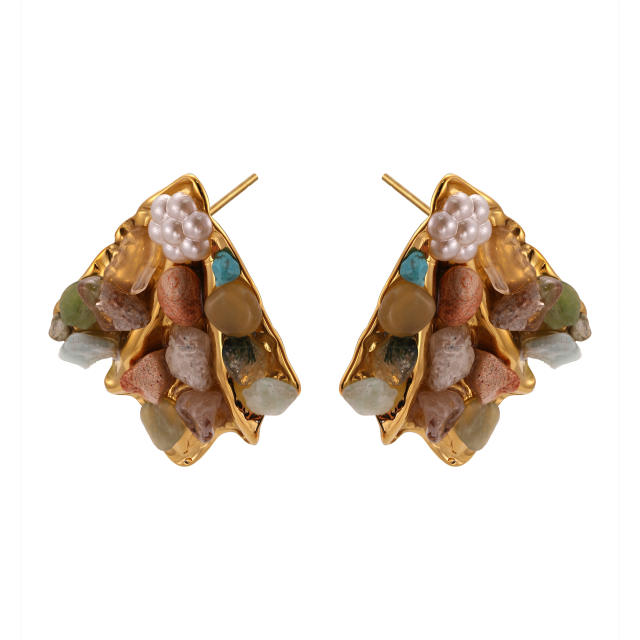 Vintage natural stone pave setting fan shape stainless steel earrings
