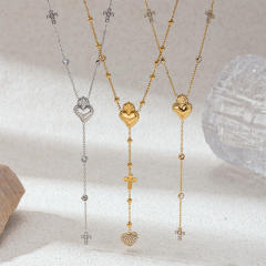 Stainless Steel Necklace Luxury Heart Zircon Tassel long Necklace