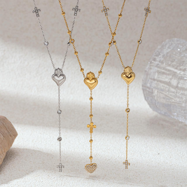 Stainless Steel Necklace Luxury Heart Zircon Tassel long Necklace