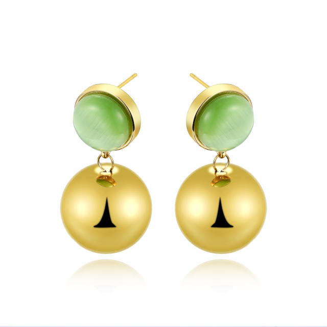 Simple colorful opal stone inlaid stainless steel earrings ball bead earrings