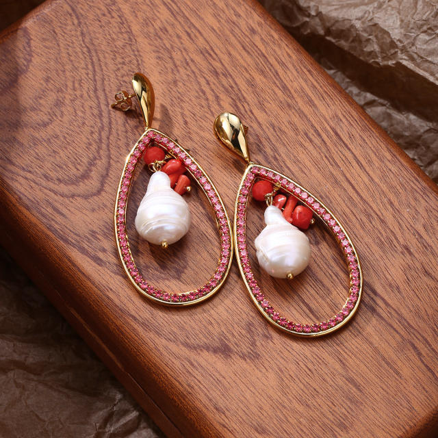 Luxury colorful cubic zircon pave setting pearl bead hollow drop stainless steel earrings