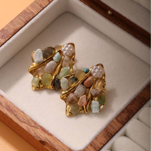 Vintage natural stone pave setting fan shape stainless steel earrings