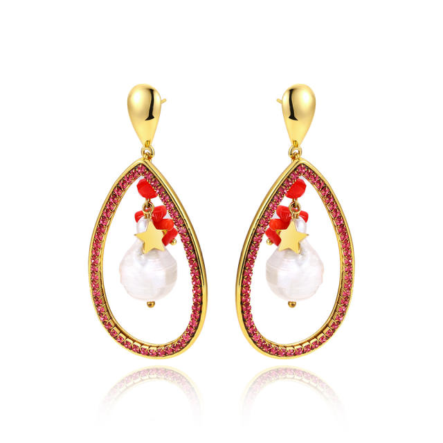 Luxury colorful cubic zircon pave setting pearl bead hollow drop stainless steel earrings