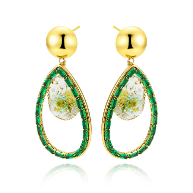 Luxury colorful cubic zircon pave setting pearl bead hollow drop stainless steel earrings