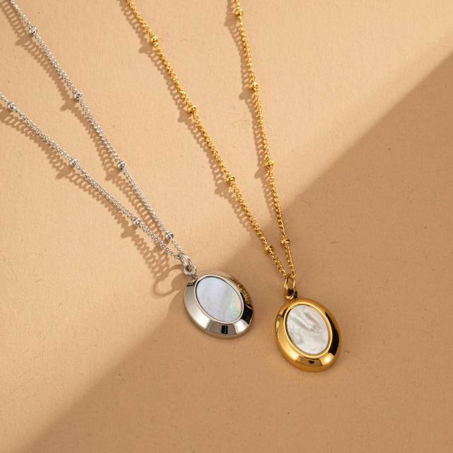 Simple oval shape opal stone pendant stainless steel necklace