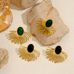 Vintage fan shape natural stone inlaid stainless steel earrings