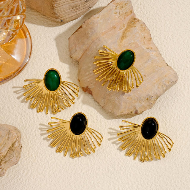 Vintage fan shape natural stone inlaid stainless steel earrings