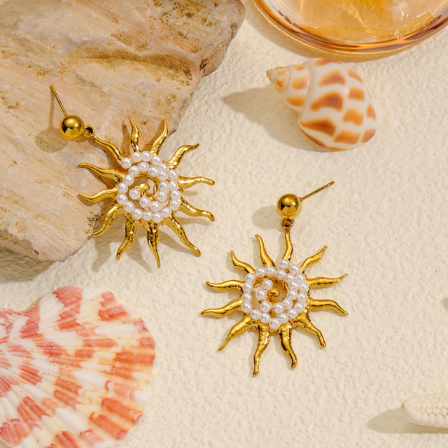Vintage handmade pearl bead sun stainless steel earrings