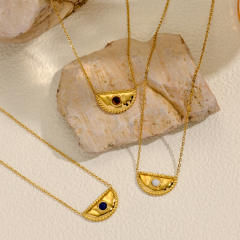 Vintage semi circle natural stone inlaid stainless steel necklace