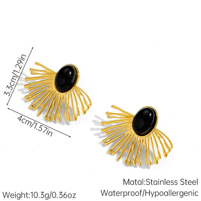 Vintage fan shape natural stone inlaid stainless steel earrings