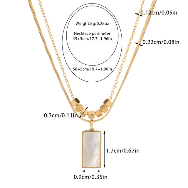 Simple multi layer mother shell block pendant stainless steel necklace