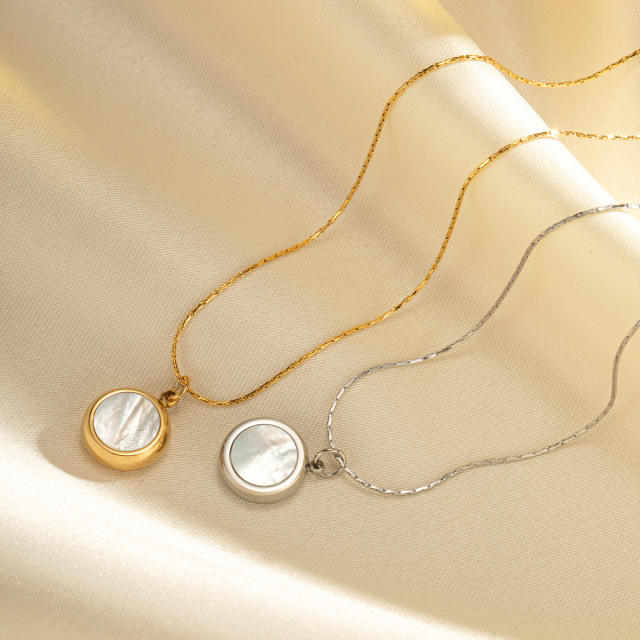 Dainty opal stone inlaid round pendant stainless steel necklace