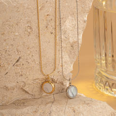 Dainty opal stone inlaid round pendant stainless steel necklace