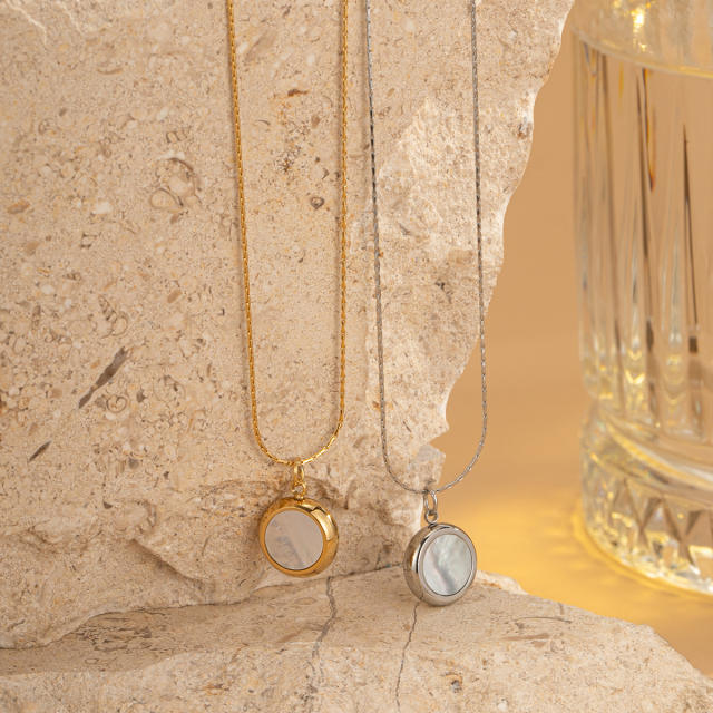 Dainty opal stone inlaid round pendant stainless steel necklace