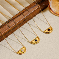 Vintage semi circle natural stone inlaid stainless steel necklace