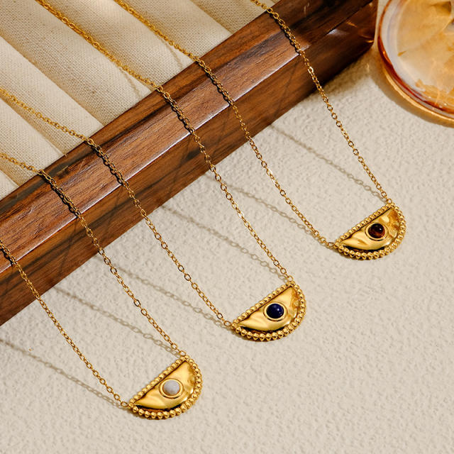 Vintage semi circle natural stone inlaid stainless steel necklace