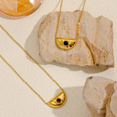 Vintage semi circle natural stone inlaid stainless steel necklace