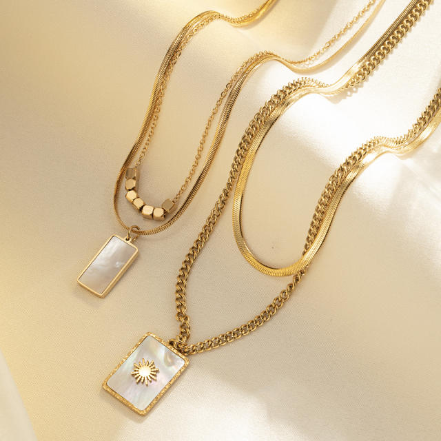 Simple multi layer mother shell block pendant stainless steel necklace
