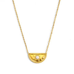Vintage semi circle natural stone inlaid stainless steel necklace