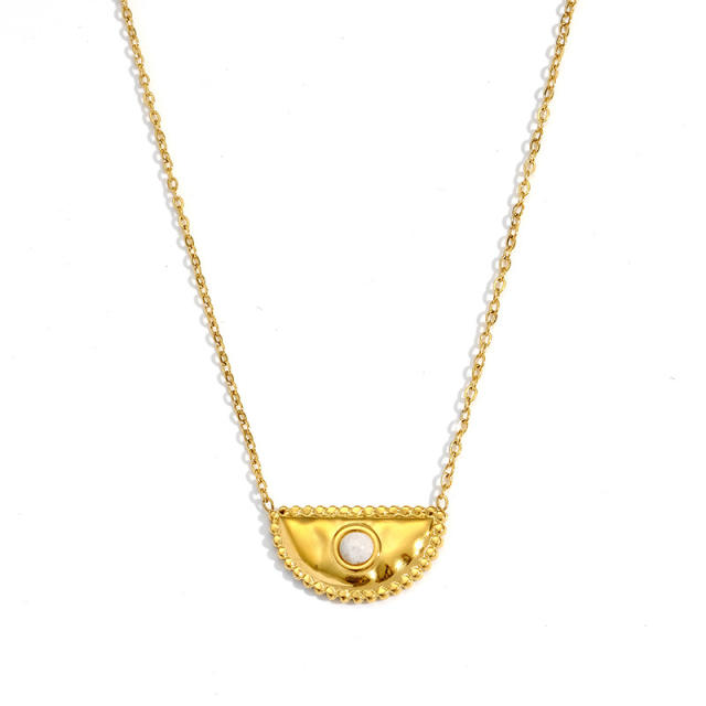 Vintage semi circle natural stone inlaid stainless steel necklace