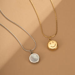 Dainty opal stone inlaid round pendant stainless steel necklace