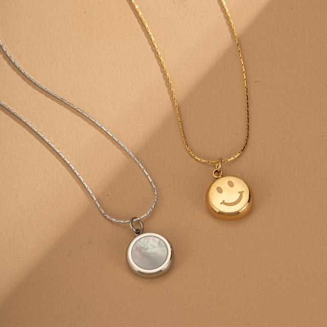 Dainty opal stone inlaid round pendant stainless steel necklace