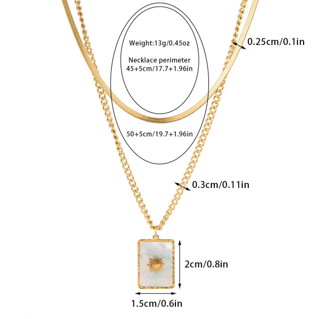 Simple multi layer mother shell block pendant stainless steel necklace