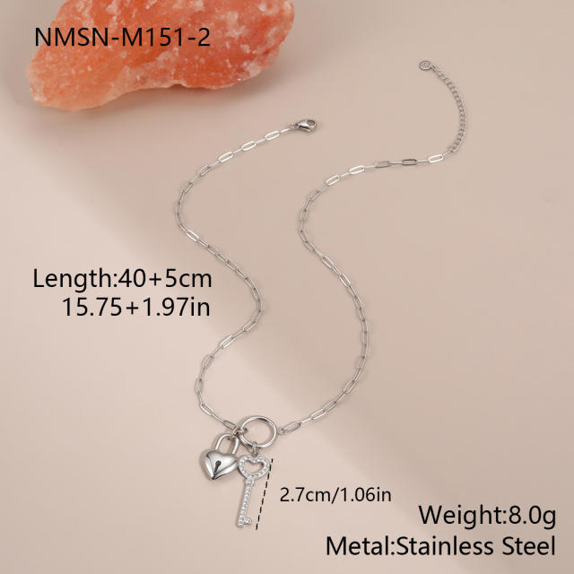 Dainty key padlock heart pendant stainless steel necklace