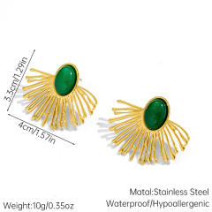 Vintage fan shape natural stone inlaid stainless steel earrings