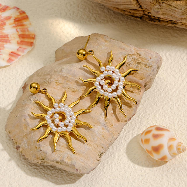Vintage handmade pearl bead sun stainless steel earrings