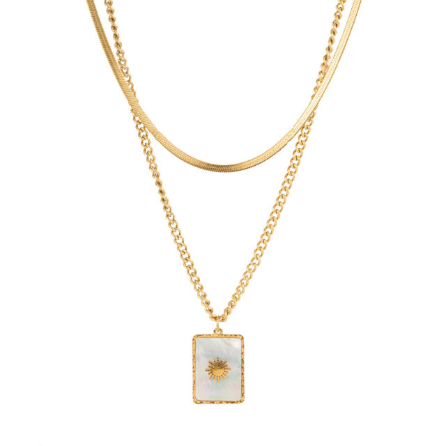 Simple multi layer mother shell block pendant stainless steel necklace