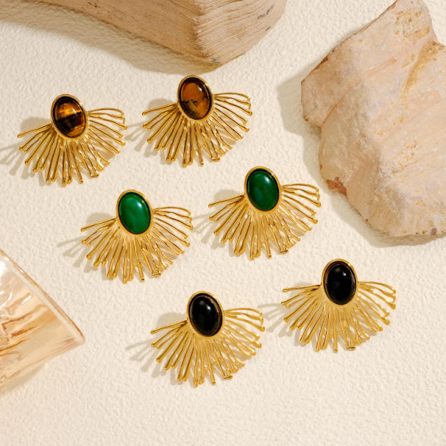 Vintage fan shape natural stone inlaid stainless steel earrings