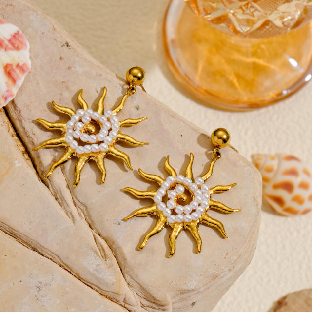Vintage handmade pearl bead sun stainless steel earrings