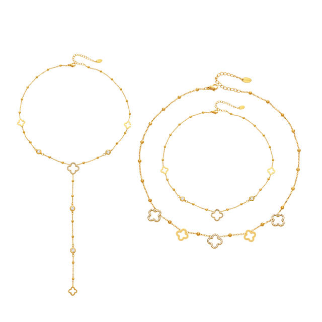 18KG diamond clover hollow out flower stainless steel necklace dainty necklace