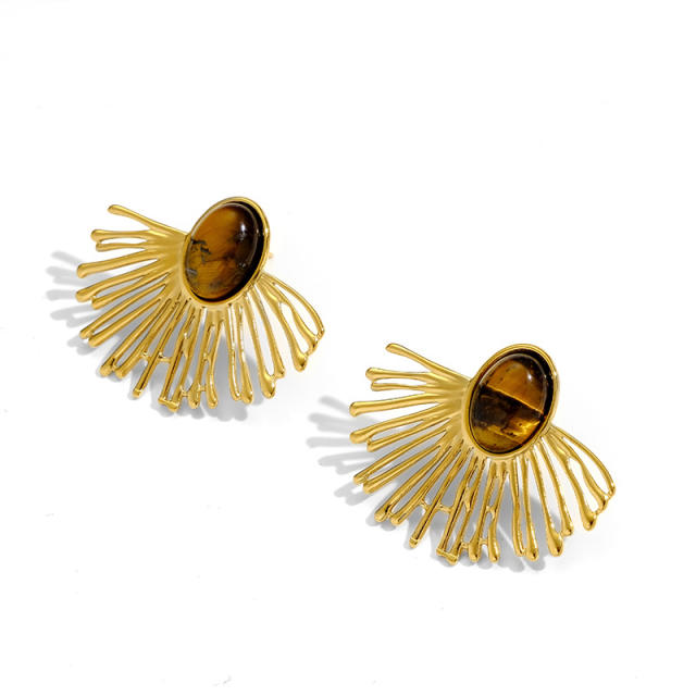 Vintage fan shape natural stone inlaid stainless steel earrings