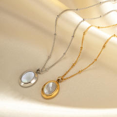 Simple oval shape opal stone pendant stainless steel necklace