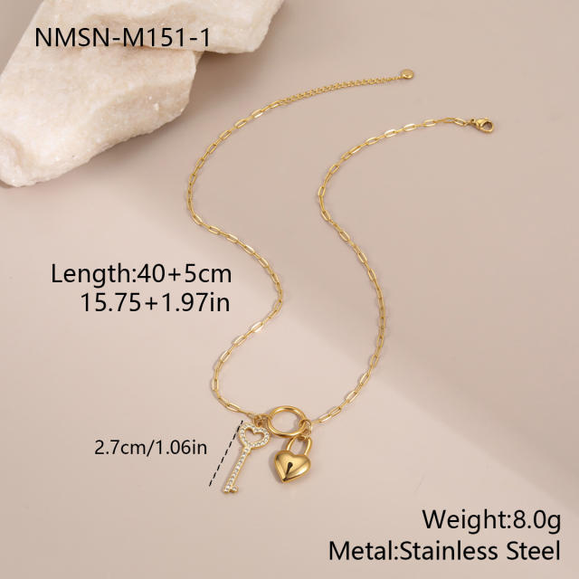 Dainty key padlock heart pendant stainless steel necklace
