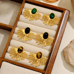 Vintage fan shape natural stone inlaid stainless steel earrings