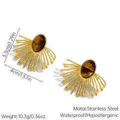 Vintage fan shape natural stone inlaid stainless steel earrings