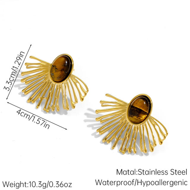 Vintage fan shape natural stone inlaid stainless steel earrings