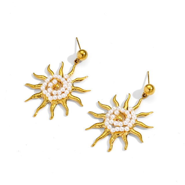 Vintage handmade pearl bead sun stainless steel earrings