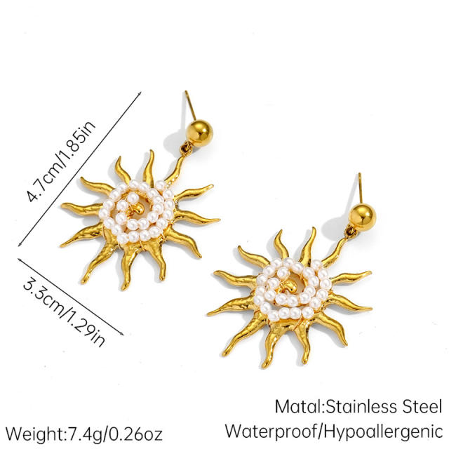 Vintage handmade pearl bead sun stainless steel earrings